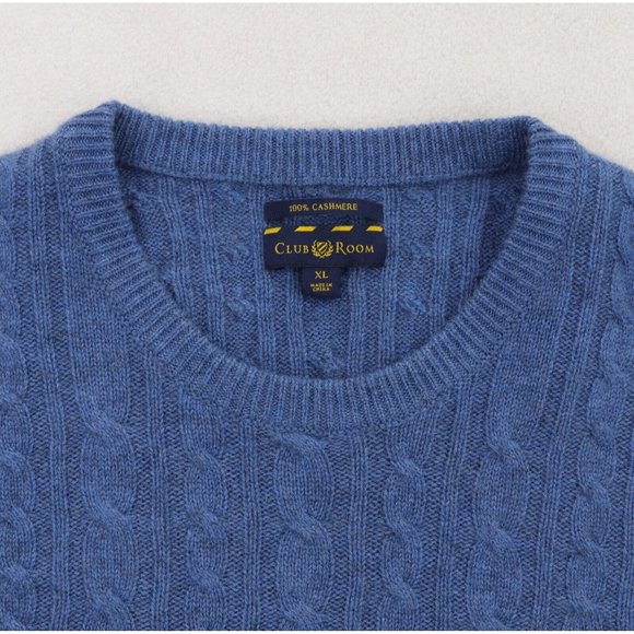 Club Room 100% Cashmere Sweater Men's XL Blue Crew Neck Cable Knit Pullover - Picture 3 of 4
